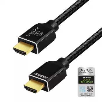 LogiLink HDMI-kabel 8K/60 Hz 48 Gbps metaal nylon gecertificeerd zwart 1 m