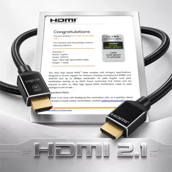 LogiLink HDMI-kabel 8K/60 Hz 48 Gbps metaal nylon gecertificeerd zwart 1 m