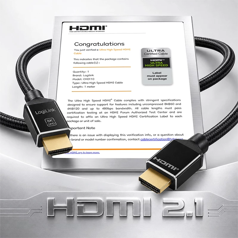 LogiLink HDMI-kabel 8K/60 Hz 48 Gbps metaal nylon gecertificeerd zwart 1 m