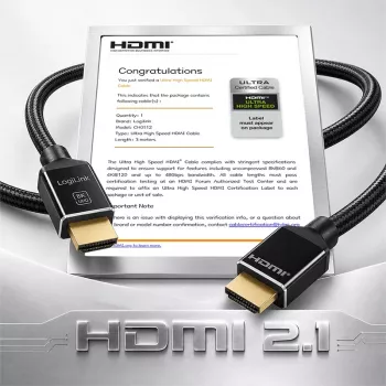 LogiLink HDMI-kabel, A/M naar A/M, 8K/60 Hz, 48 Gbps, metaal, nylon, gecertificeerd, zwart, 3 m