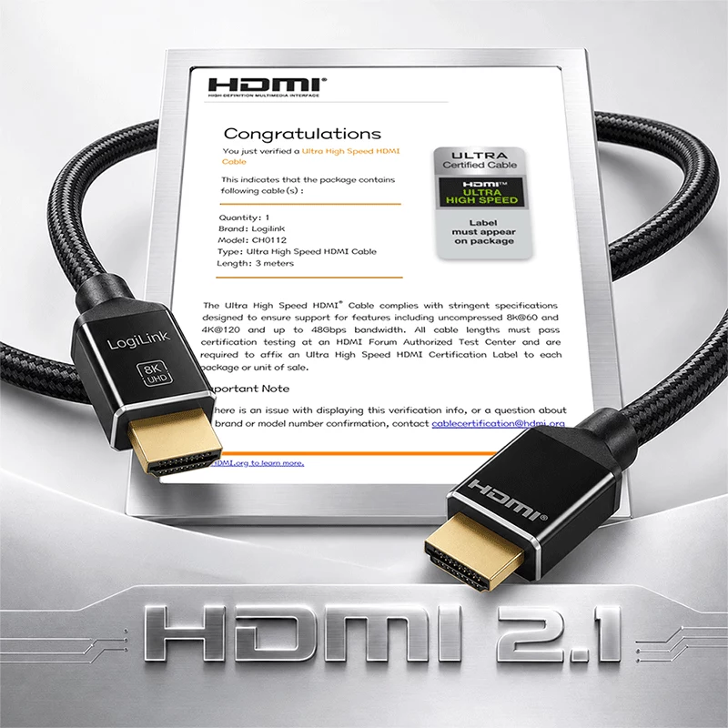 LogiLink HDMI-kabel, A/M naar A/M, 8K/60 Hz, 48 Gbps, metaal, nylon, gecertificeerd, zwart, 3 m