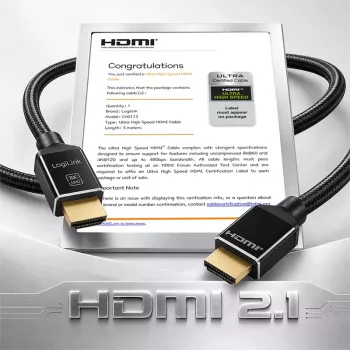 LogiLink HDMI-kabel A/M naar A/M 8K/60 Hz 48 Gbps metaal nylon gecertificeerd zwart 5 m