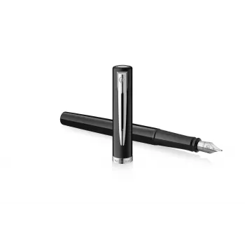 Waterman Impression vulpen, zwarte lak, chroom sierring, middelste pen, blauwe inkt, geschenkdoos 2225497