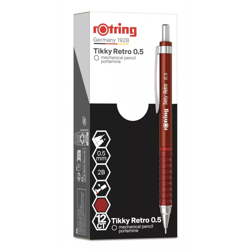 Rotring Tikky Retro mechanisch potlood 0,5 mm rood verchroomde huls rubber greepzone 2202568