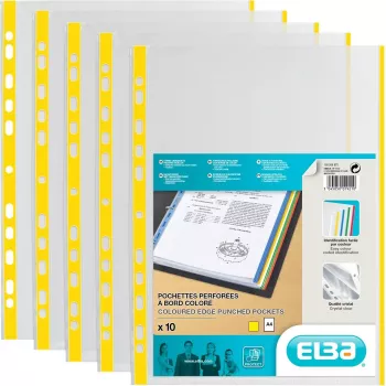 ELBA documenthoezen DIN A4 met gekleurde rand, PP, geel, 0,09 mm, kristalhelder, bovenzijde open, Eurolochung, 100-pack (971619-08)