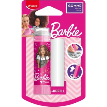 Maped Barbie kunststof gum met navulling, lippenstiftformaat, uitschuifbaar draaisysteem, 1 set 152013