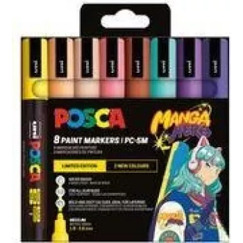 POSCA PC-5M pigmentmarker set, 8 kleuren, Manga Hero, middelgrote ronde punt, watervast, lichtbestendig, geurloos PC5M/8APF ASS74
