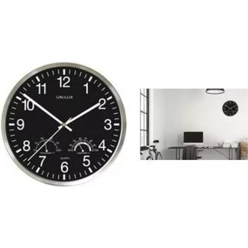 UNILUX WETTY wandklok 300 mm zwart met thermometer en hygrometer 400140807