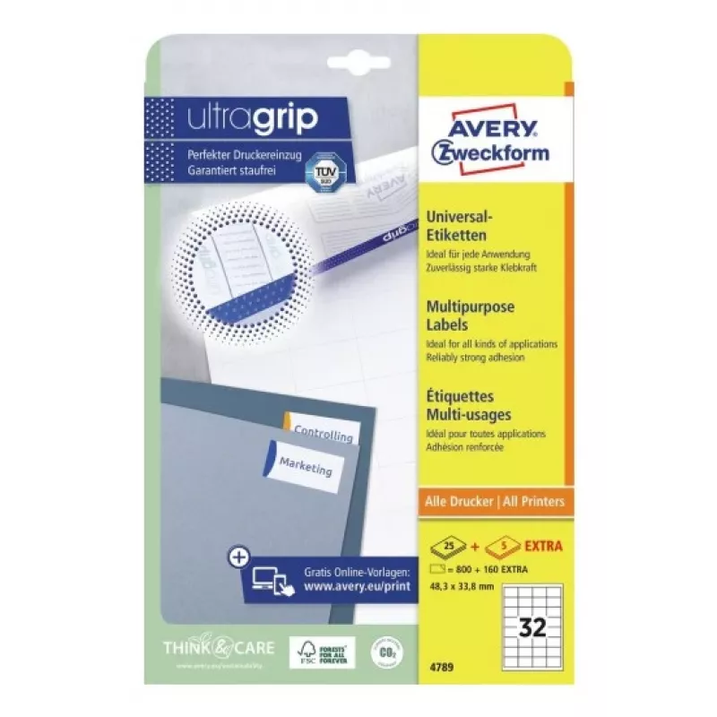 AVERY universele etiketten 48,3 x 33,8 mm wit met UltraGrip-technologie (verpakking van 480) 4789