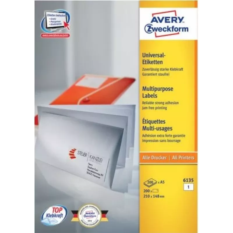 Avery 6135 witte papieren permanent klevende etiketten A4 210 x 148 mm 200 etiketten