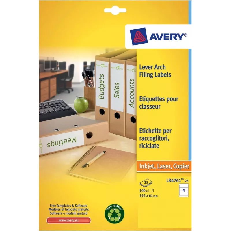 Avery LR4761-25 witte archiefetiketten 61 x 192 mm 100 etiketten (25 vellen x 4)
