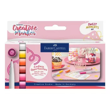 Faber-Castell Goldfaber Creative Marker Set, 6 kleuren, Sweet Moments, op waterbasis, geurloos, veegvast, dubbele punt penseel en ronde punt, herbruikbare etui 160602