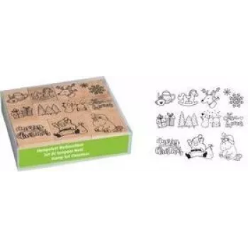 HEYDA Xmas Patches motiefstempelset, 12 verschillende houten stempels in transparante opbergbox 204888680