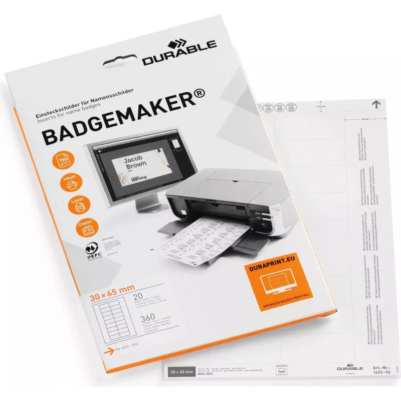 DURABLE BADGEMAKER inlegvellen 30 x 65 mm, wit, 100 inlegvellen (20 vellen met elk 5) 142302