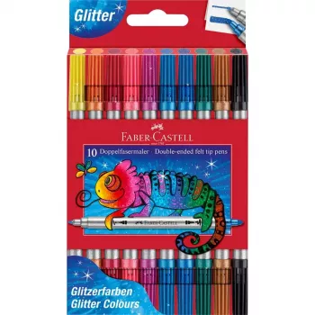 FABER-CASTELL glitter dubbele punt viltstiften, 10 verschillende kleuren, wasbaar, 3-5 mm & 1 mm punten 151107