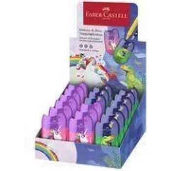 FABER-CASTELL dubbele puntenslijper box dino/eenhoorn, display met spaarbakje voor eenvoudig en schoon slijpen, 18 stuks (183551)