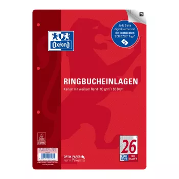 Oxford ringband inlegpapier A4 geruit 50 vel 4-voudig geperforeerd met marge wit 400131580
