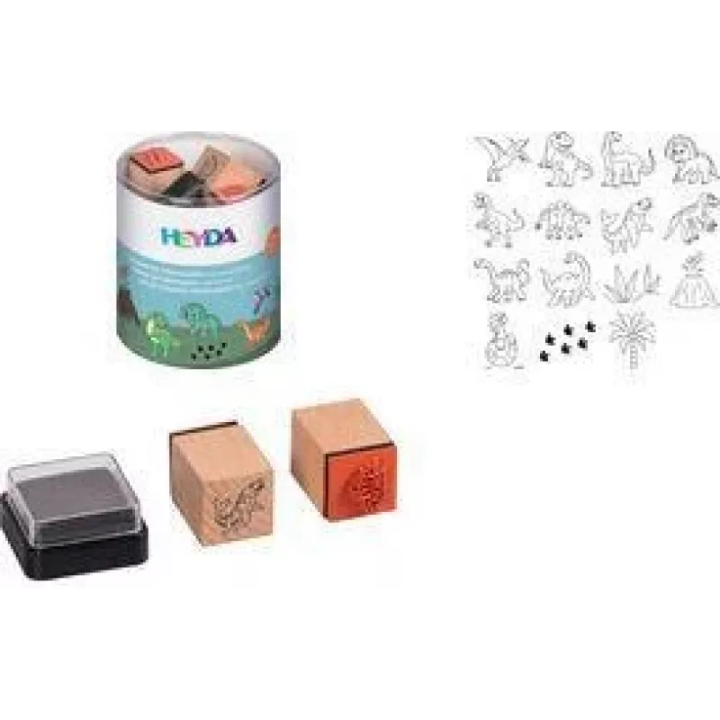 HEYDA dinosaurus motiefstempelset, 15 clear stempels in ronde opbergdoos 20-48 884 76