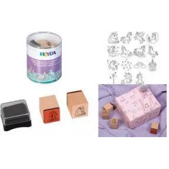 HEYDA eenhoorn motiefstempelset, 15 clear stempels in ronde doos 204888439
