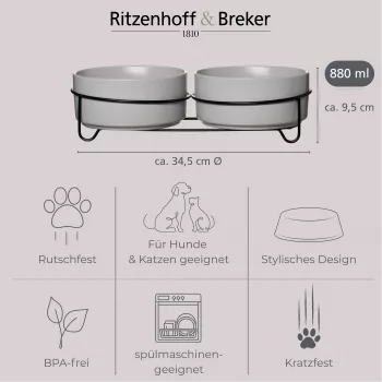 Ritzenhoff & Breker TARO dubbele hondenset, 880 ml, grijs steengoed met zwarte metalen standaard 450521