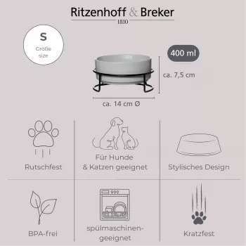 Ritzenhoff & Breker TARO voerbakset voor huisdieren, 400 ml, grijze steengoed keramieken voerbak voor katten & kleine honden, water & voer, 1 stuk (450514)