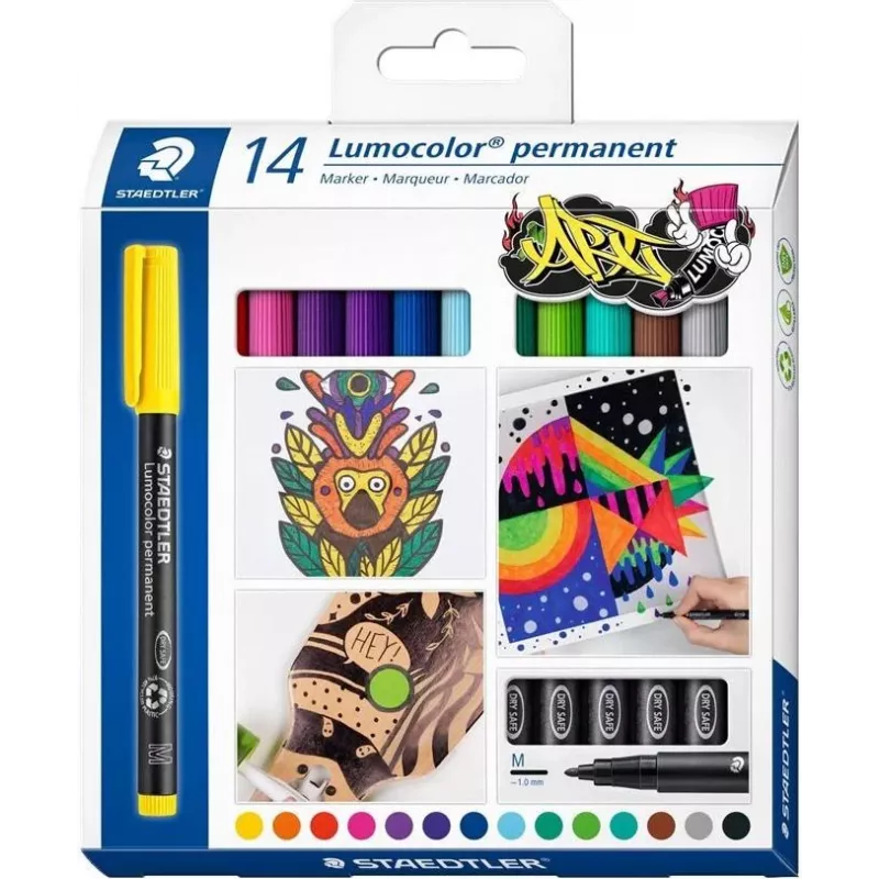 Staedtler Lumocolor permanent marker set 317 C14 - 14 verschillende kleuren, fijne punt 0,6 mm