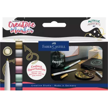 Faber-Castell Creative Marker Goldfaber Metallic Moments, 6-delige set, waterbasis inkt, geurloos, veegvast, diverse metallic kleuren 161107