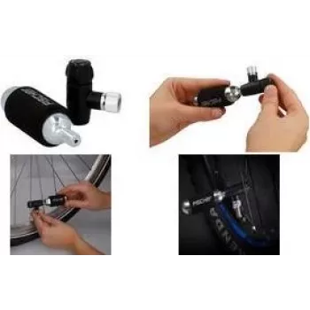 FISCHER fietspomp met CO2-inflator, universele ventielkop voor Schrader, Dunlop, Presta, 8 bar, zwart/zilver 50392