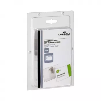 DURABLE naamkaarthouder 90x54 mm met combi-clip, transparant, 5 stuks (861019)