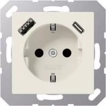 JUNG A 1520-15 CA SCHUKO stopcontact 16 A 250 V met USB oplader 1 x type A + 1 x type C, Safety Plus, serie AS, wit (ivory)