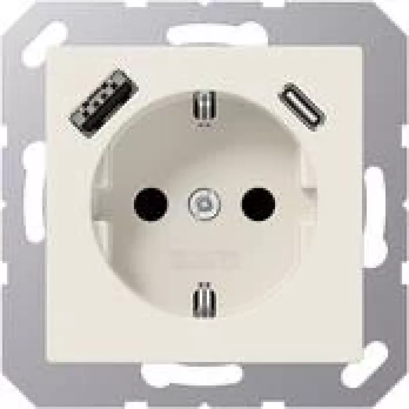 JUNG A 1520-15 CA SCHUKO stopcontact 16 A 250 V met USB oplader 1 x type A + 1 x type C, Safety Plus, serie AS, wit (ivory)
