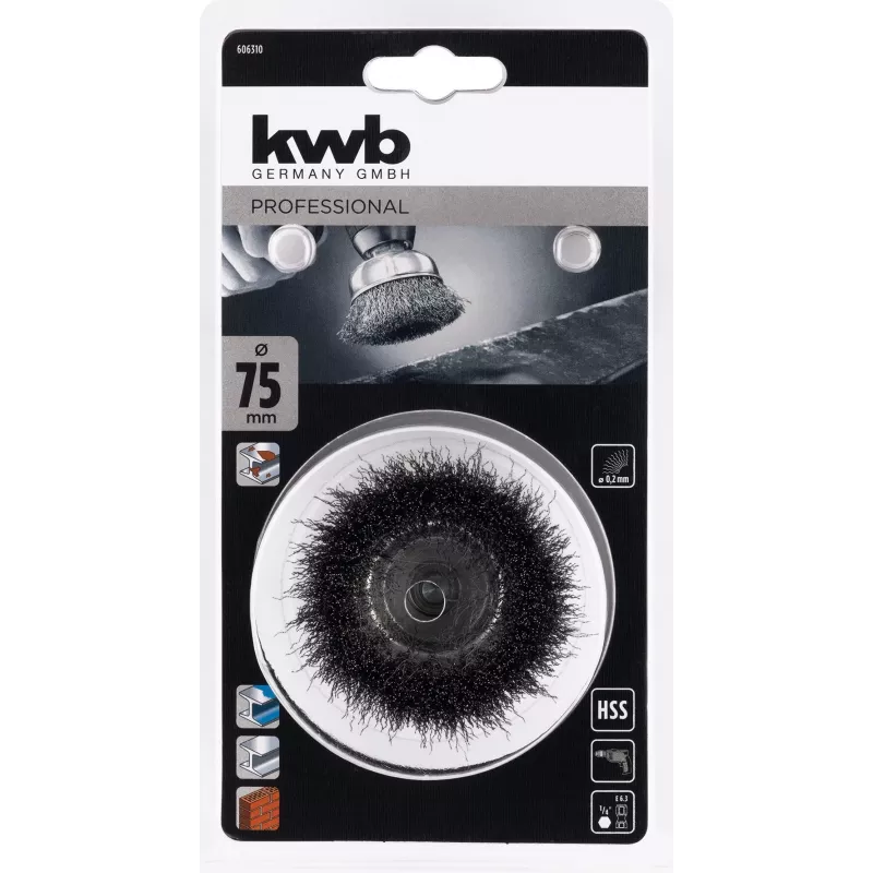 kwb draadbürste pot 75 mm, 0,2 mm gegolfd staal, 6 mm schacht voor metaal en steen 606310