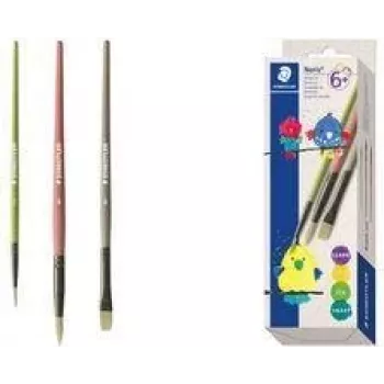 STAEDTLER Noris synthetische penselen-set, 3 delen, verschillende kleuren, grepen van gerecycled kunststof, metalen hulzen (989R-S BK3)