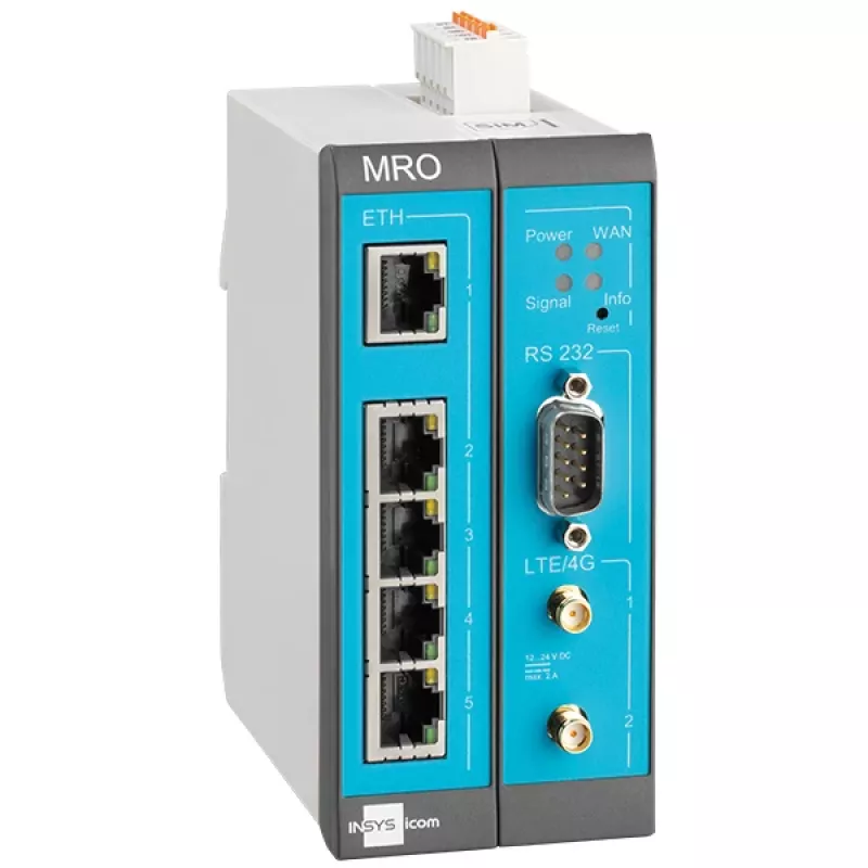 INSYS MoRoS icom MRO-L210 industriële LTE router, Ethernet WAN, 2x 10/100 Ethernet, blauw/grijs/wit 10019403