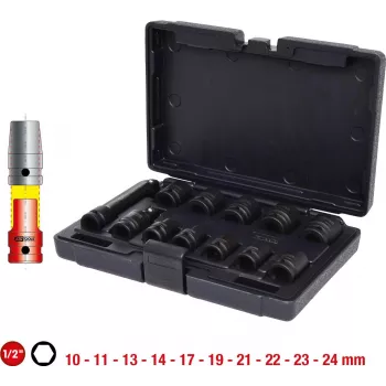 KS TOOLS 1/2 inch zeskant slagmoersleutel-dopsleutelset, kort, 12-delig (515.0112)
