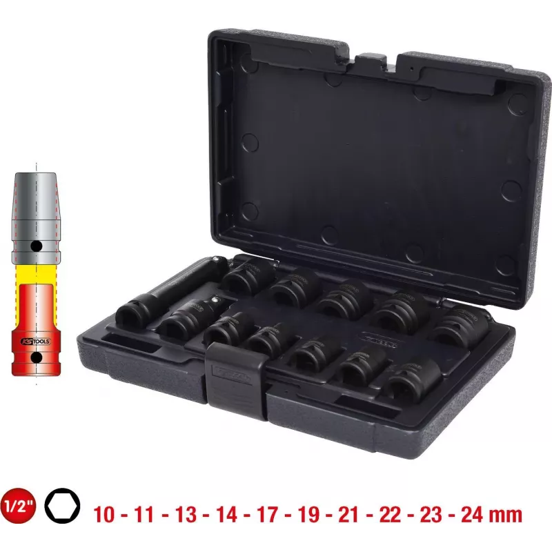 KS TOOLS 1/2 inch zeskant slagmoersleutel-dopsleutelset, kort, 12-delig (515.0112)
