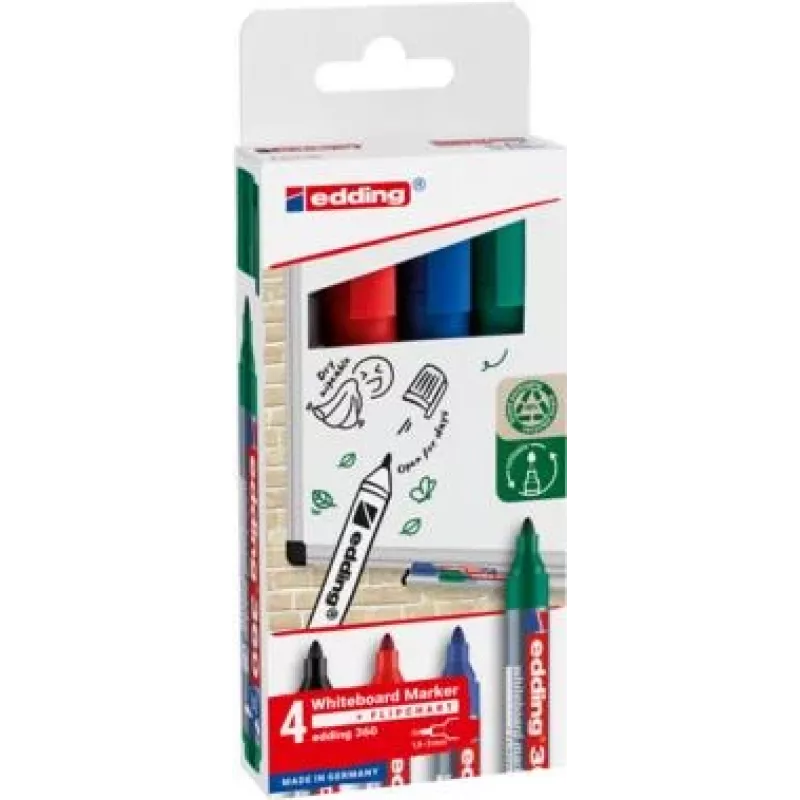 EDDING 360 whiteboardmarker, verschillende kleuren, 1,5-3,0 mm, 4 stuks (4-360-4-2)