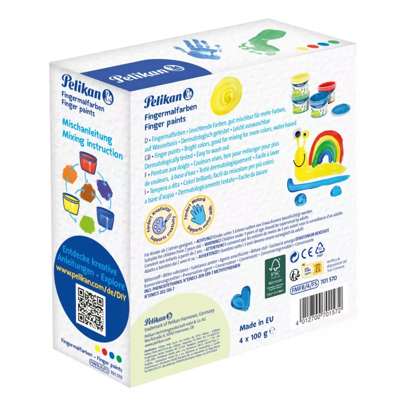 Pelikan vingerverf basiskleuren, 4-pack op waterbasis, dermatologisch getest, makkelijk te reinigen – 1 stuk (701570)
