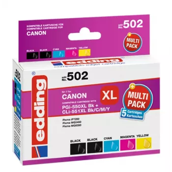 Edding EDD-502 E compatibele inktpatronen multiverpakking voor Canon PGI-550PGBK XL, CLI-551 C/M/Y XL (zwart, cyaan, magenta, geel)