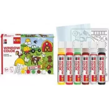 Marabu KiDS Window Color set Farm, 6 x 25 ml afwasbare raamverf, waterbasis, verwijderbaar, 1 set (0306000000006)