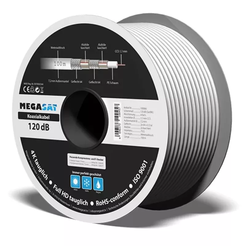 Megasat coaxkabel 100 m, viervoudig afgeschermd, 120 dB, 75 Ohm, F-type Ready 100066