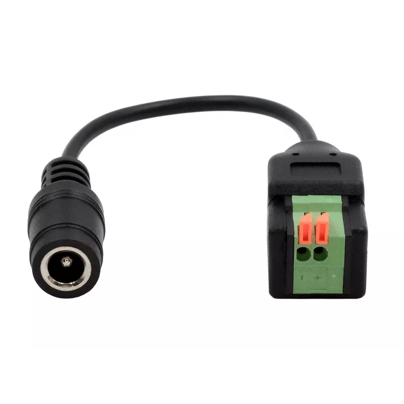 EXSYS DC-bus 5,5x2,1mm naar 2-polige klemmenblok adapterkabel met drukknop, 15cm EX-49141