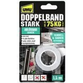 UHU montageband STRONG, dubbelzijdig, tot 75 kg, wit extra sterk, alternatief voor schroeven & spijkers, hecht permanent – 1 stuk (46890)
