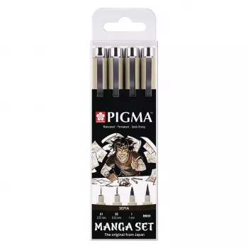 SAKURA Pigma Micron Manga set sepia 4-delige fineliner- & penselenstift-set in herbruikbare etui POXSDKMAN4