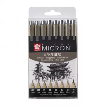SAKURA Pigma Micron fineliner-stiftset, 8-delige, zwart, verschillende puntgroottes 0,15 mm tot penseel POXSDK8