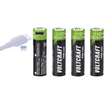 Voltcraft VC-AA1300USB USB-C oplaadbare Li-Ion AA-batterijen 1300 mAh 1,5 V, 4-pack