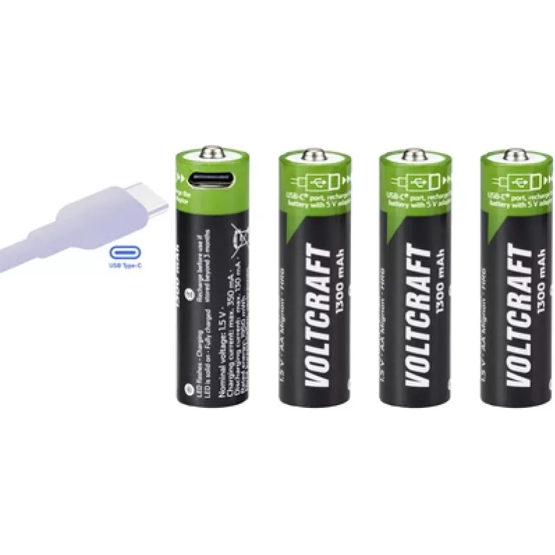 Voltcraft VC-AA1300USB USB-C oplaadbare Li-Ion AA-batterijen 1300 mAh 1,5 V, 4-pack