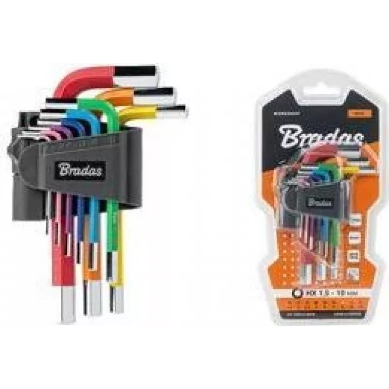 Bradas 9-delige inbussleutelset, S2-staal, veelkleurig, metrisch 1,5-10mm, L-vorm, kleurgecodeerd, DIY-HKH42-SH/B