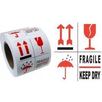RILLPRINT 76900 waarschuwingsetiketten ZERBRECHELIJK / DROOG OPSLAAN permanent hechtend wit/rood/zwart 74x105mm 500 etiketten per rol