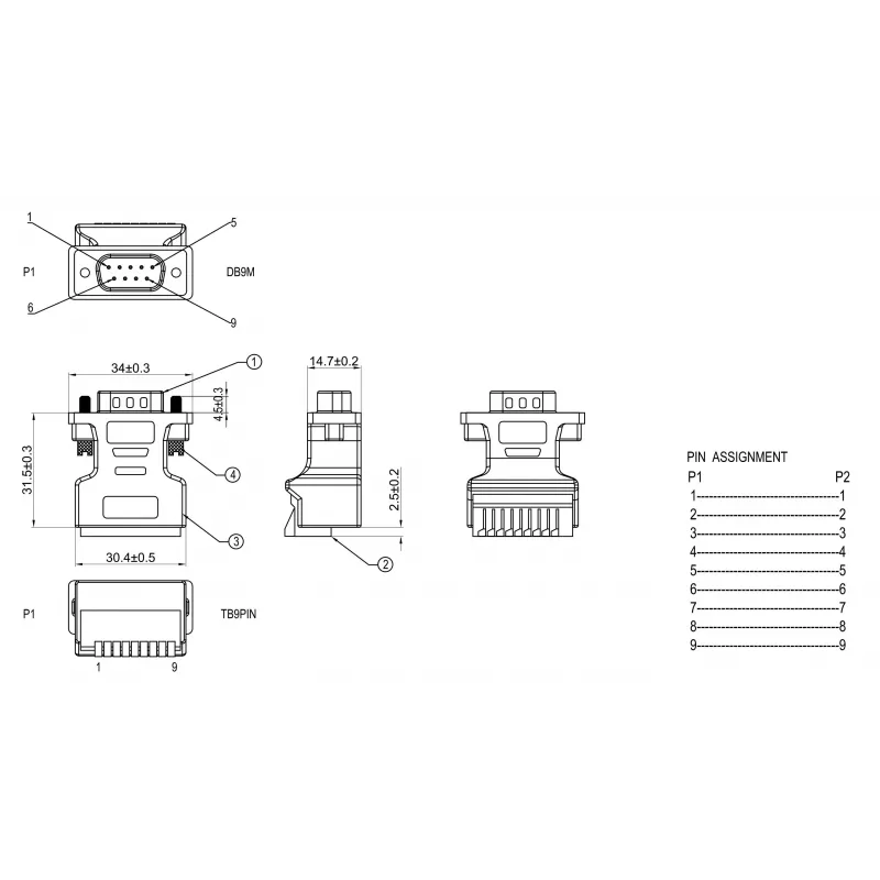 EXSYS EX-49110 DB9 stekker naar 9-pins schroefklemmenblok adapter met drukknop